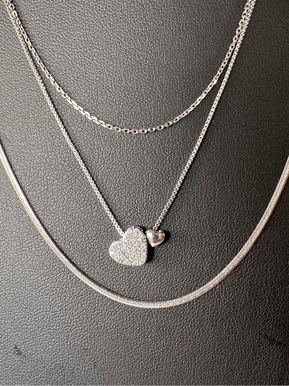 Silver Layered Necklace Set Heart CZ Pendant 3 Strand